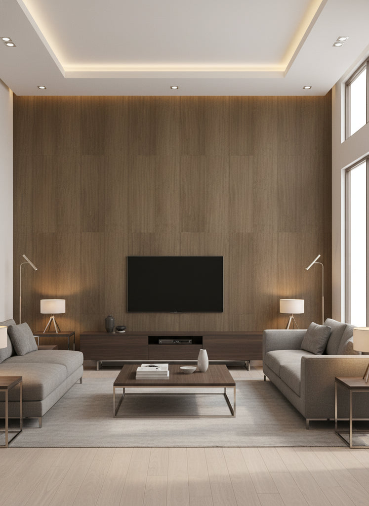Ajiro Plank - Cacao Luster | Maya Romanoff - Living Room Visualization (AI-generated, may not be to scale. Verify pattern scale with product specifications.)
