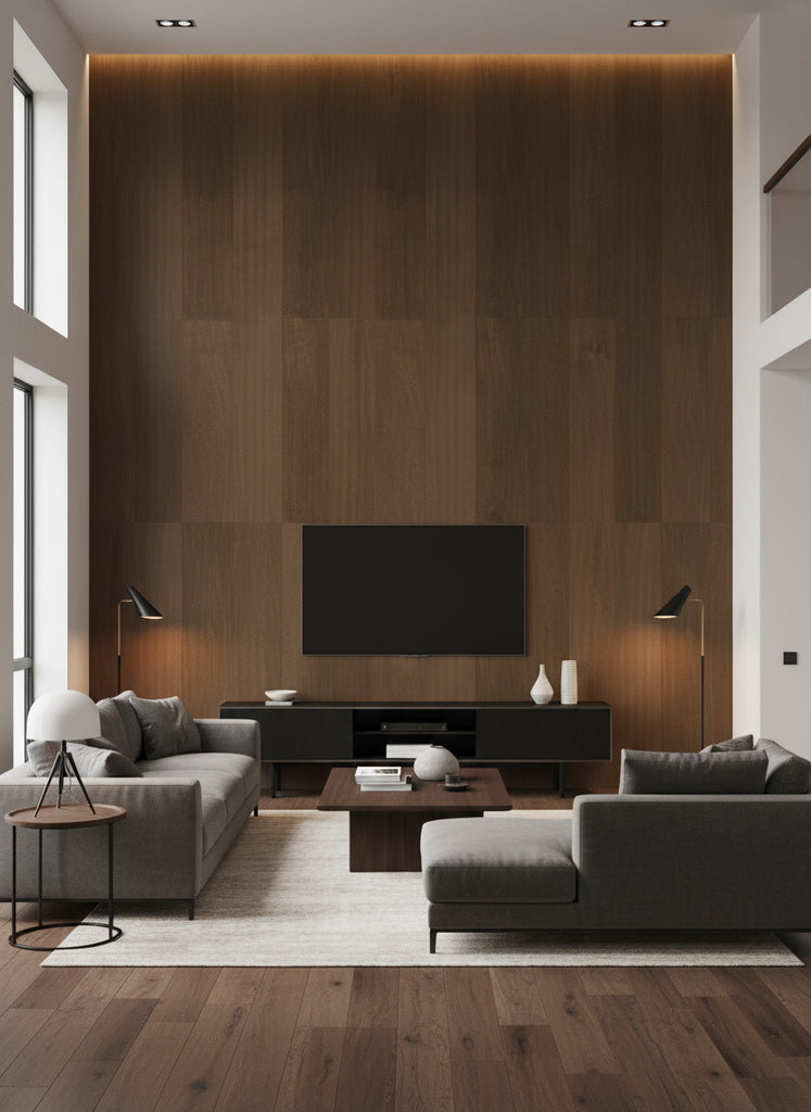 Ajiro Plank - Cacao | Maya Romanoff - Living Room Visualization (AI-generated, may not be to scale. Verify pattern scale with product specifications.)