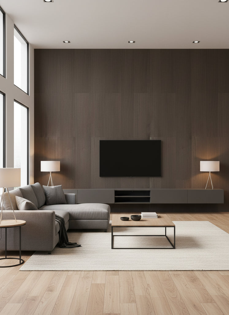 Ajiro Plank - Ash | Maya Romanoff - Living Room Visualization (AI-generated, may not be to scale. Verify pattern scale with product specifications.)