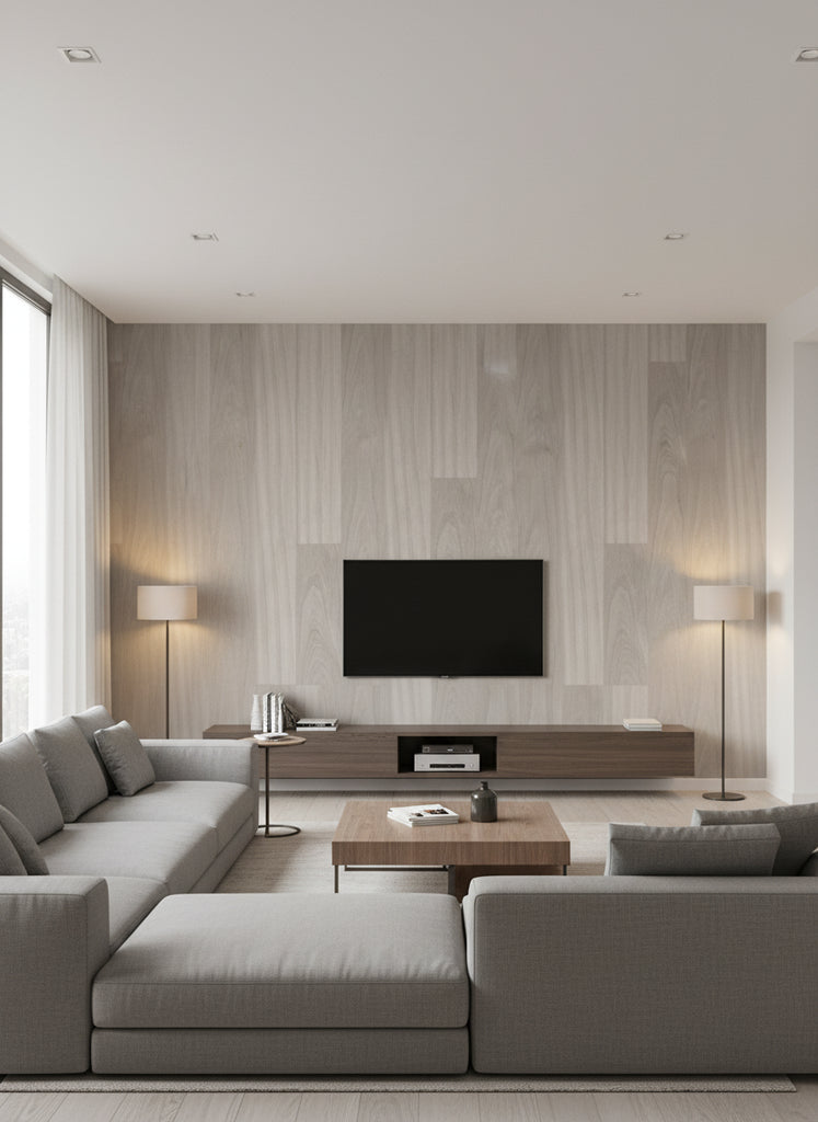 Ajiro Plank - Ash Luster | Maya Romanoff - Living Room Visualization (AI-generated, may not be to scale. Verify pattern scale with product specifications.)