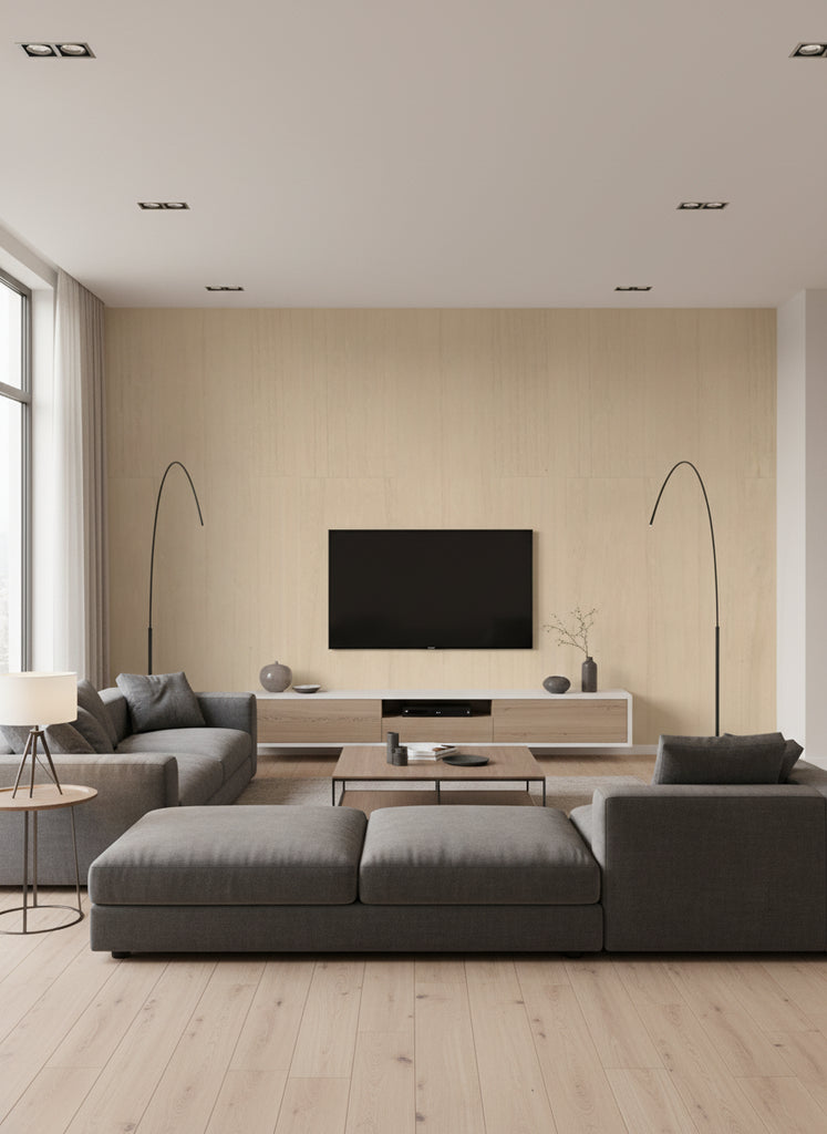 Ajiro Plank - Bamboo | Maya Romanoff - Living Room Visualization (AI-generated, may not be to scale. Verify pattern scale with product specifications.)