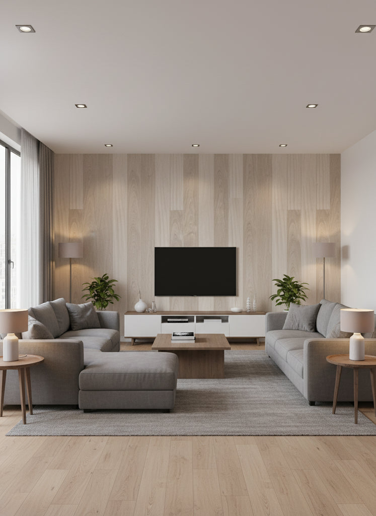 Ajiro Plank - Polished Silver Birch Luster | Maya Romanoff - Living Room Visualization (AI-generated, may not be to scale. Verify pattern scale with product specifications.)