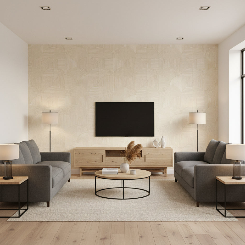 Arco Malta | Architectural Wallcoverings - Living Room Visualization (AI-generated, may not be to scale. Verify pattern scale with product specifications.)