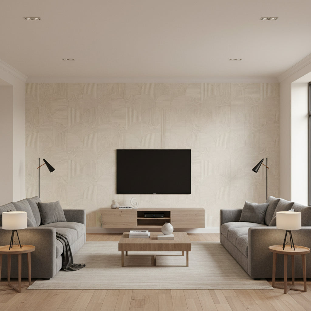 Arco Rome | Architectural Wallcoverings - Living Room Visualization (AI-generated, may not be to scale. Verify pattern scale with product specifications.)