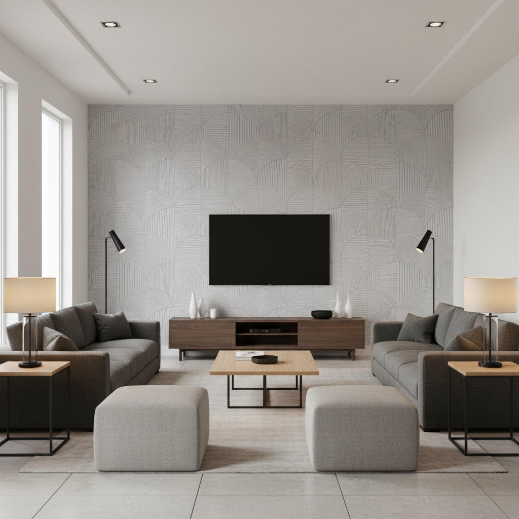 Arco Sydney | Architectural Wallcoverings - Living Room Visualization (AI-generated, may not be to scale. Verify pattern scale with product specifications.)