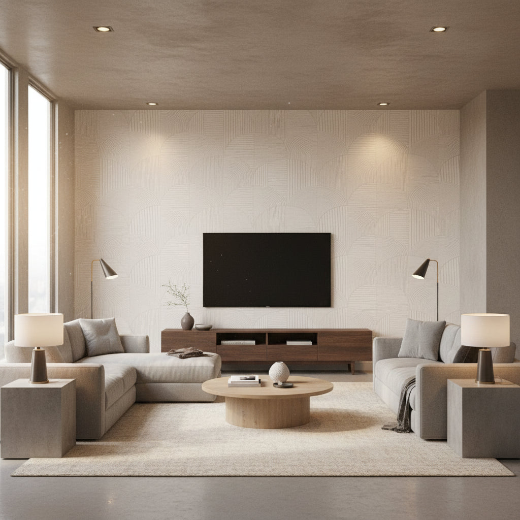 Arco Étretat | Architectural Wallcoverings - Living Room Visualization (AI-generated, may not be to scale. Verify pattern scale with product specifications.)