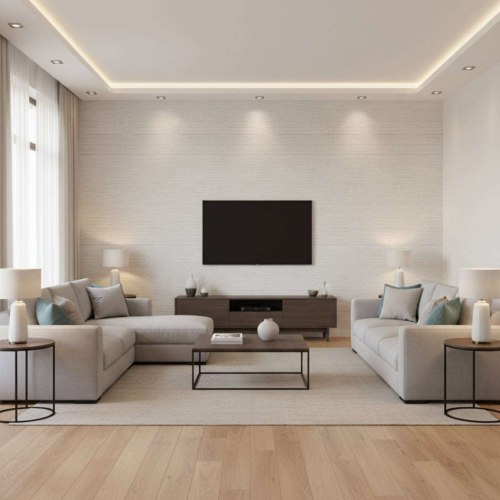 Arlo PVC Free Type 2 Fawn | Architectural Wallcoverings - Living Room Visualization (AI-generated, may not be to scale. Verify pattern scale with product specifications.)