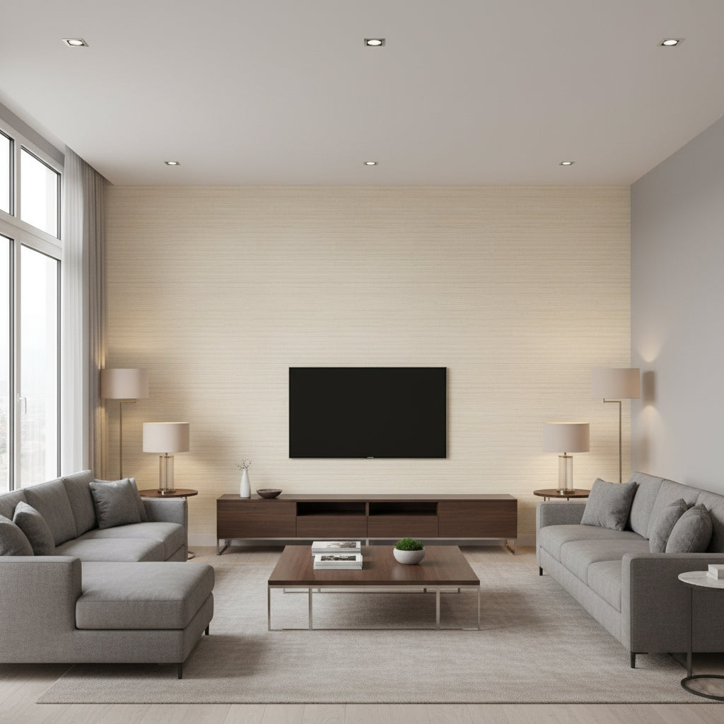Arlo PVC Free Type 2 Fennel | Architectural Wallcoverings - Living Room Visualization (AI-generated, may not be to scale. Verify pattern scale with product specifications.)