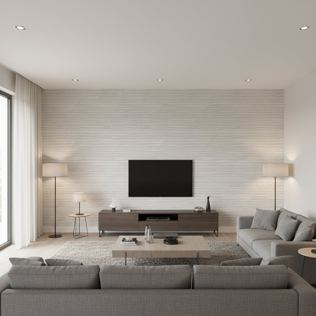 Arlo PVC Free Type 2 Flax | Architectural Wallcoverings - Living Room Visualization (AI-generated, may not be to scale. Verify pattern scale with product specifications.)