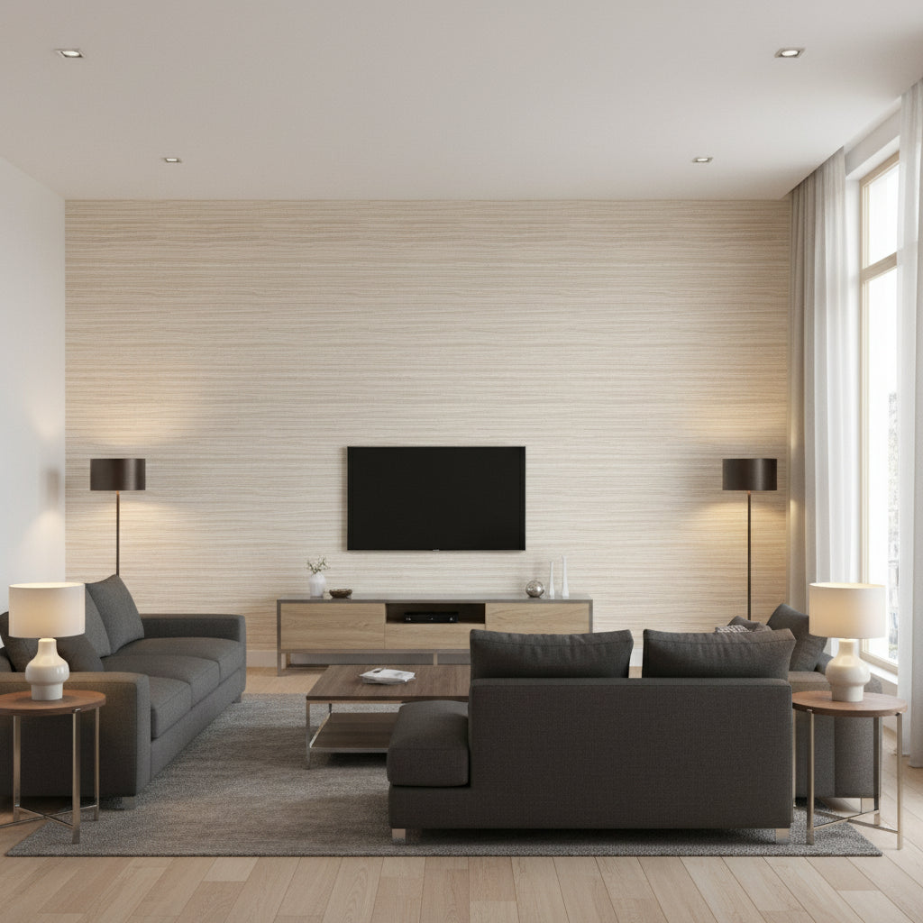 Arlo PVC Free Type 2 Jute | Architectural Wallcoverings - Living Room Visualization (AI-generated, may not be to scale. Verify pattern scale with product specifications.)