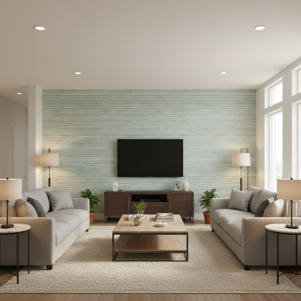 Arlo PVC Free Type 2 Mint | Architectural Wallcoverings - Living Room Visualization (AI-generated, may not be to scale. Verify pattern scale with product specifications.)