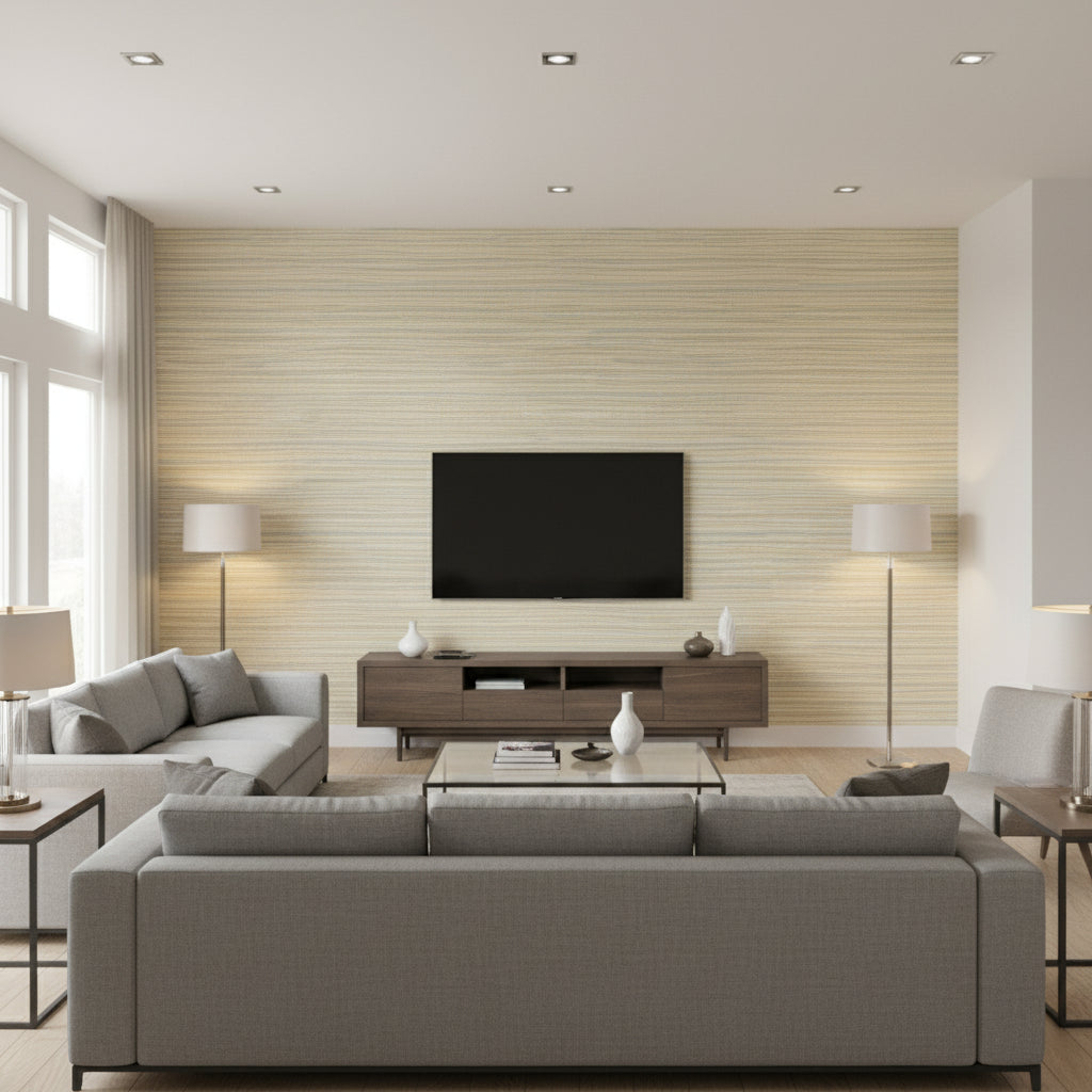 Arlo PVC Free Type 2 Raffia | Architectural Wallcoverings - Living Room Visualization (AI-generated, may not be to scale. Verify pattern scale with product specifications.)