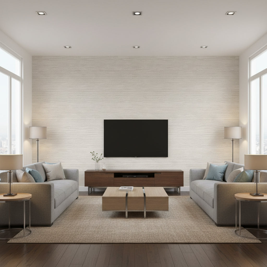 Arlo PVC Free Type 2 Rice Paper | Architectural Wallcoverings - Living Room Visualization (AI-generated, may not be to scale. Verify pattern scale with product specifications.)