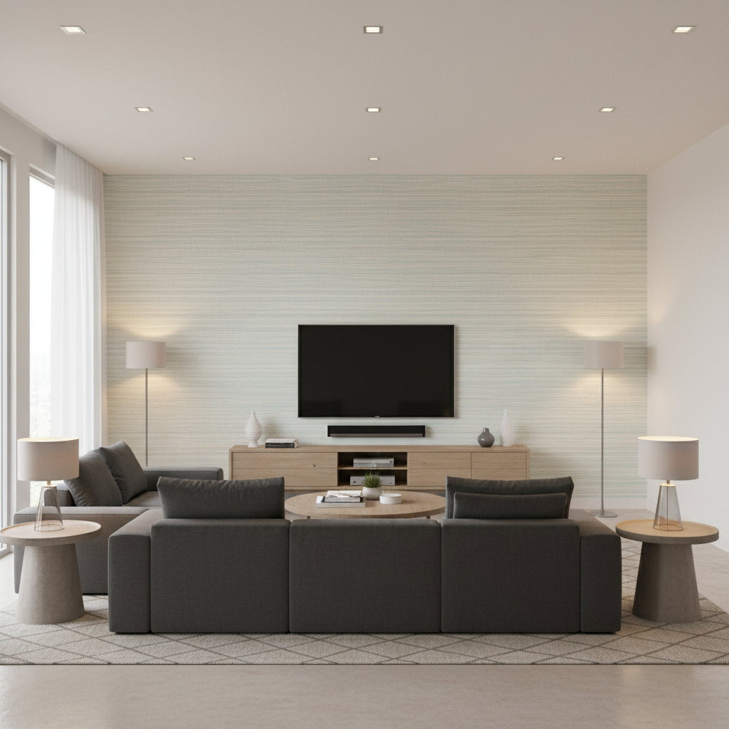 Arlo PVC Free Type 2 Seagrass | Architectural Wallcoverings - Living Room Visualization (AI-generated, may not be to scale. Verify pattern scale with product specifications.)