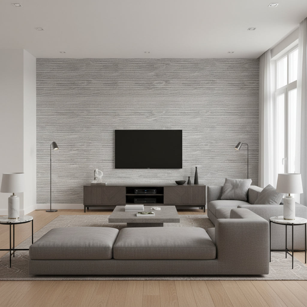 Arlo PVC Free Type 2 Thistle | Architectural Wallcoverings - Living Room Visualization (AI-generated, may not be to scale. Verify pattern scale with product specifications.)