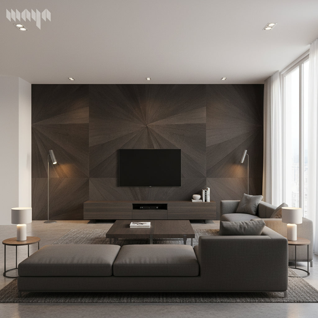 Ajiro Sunburst Ebony Luster | Maya Romanoff - Living Room Visualization (AI-generated, may not be to scale. Verify pattern scale with product specifications.)