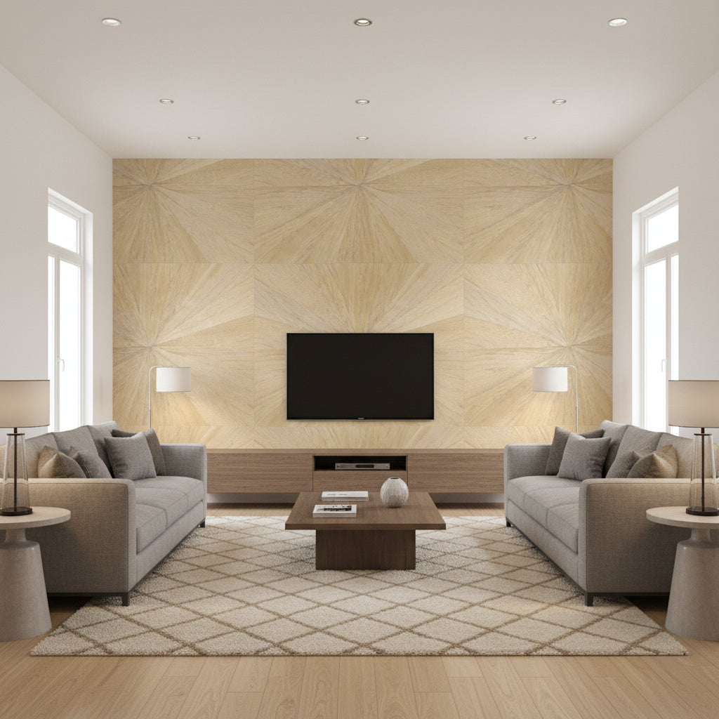 Ajiro Sunburst Maple | Maya Romanoff - Living Room Visualization (AI-generated, may not be to scale. Verify pattern scale with product specifications.)