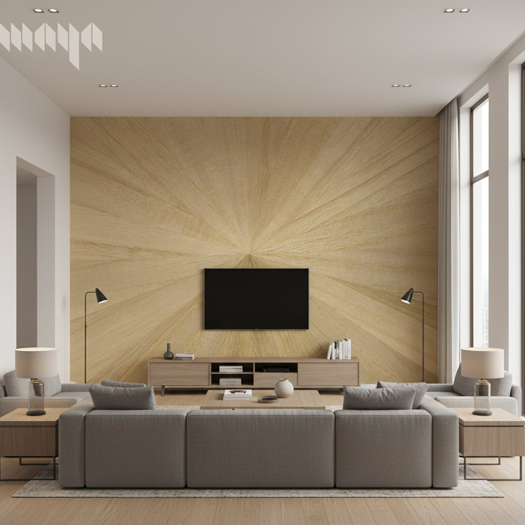 Ajiro Sunburst Polished Maple | Maya Romanoff - Living Room Visualization (AI-generated, may not be to scale. Verify pattern scale with product specifications.)