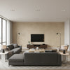 Ajiro Sunburst Teak | Maya Romanoff - Living Room Visualization (AI-generated, may not be to scale. Verify pattern scale with product specifications.)