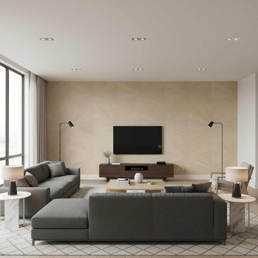 Ajiro Sunburst Teak | Maya Romanoff - Living Room Visualization (AI-generated, may not be to scale. Verify pattern scale with product specifications.)