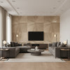 Ajiro Sunburst Teak Luster | Maya Romanoff - Living Room Visualization (AI-generated, may not be to scale. Verify pattern scale with product specifications.)