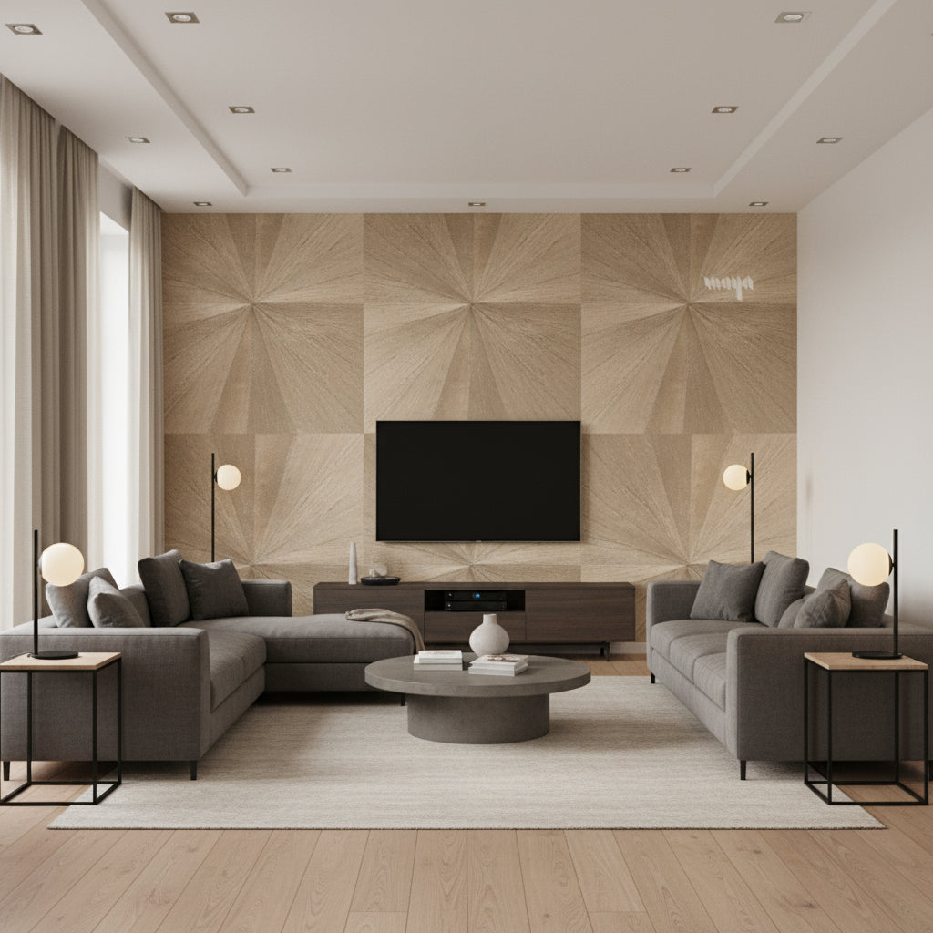 Ajiro Sunburst Teak Luster | Maya Romanoff - Living Room Visualization (AI-generated, may not be to scale. Verify pattern scale with product specifications.)
