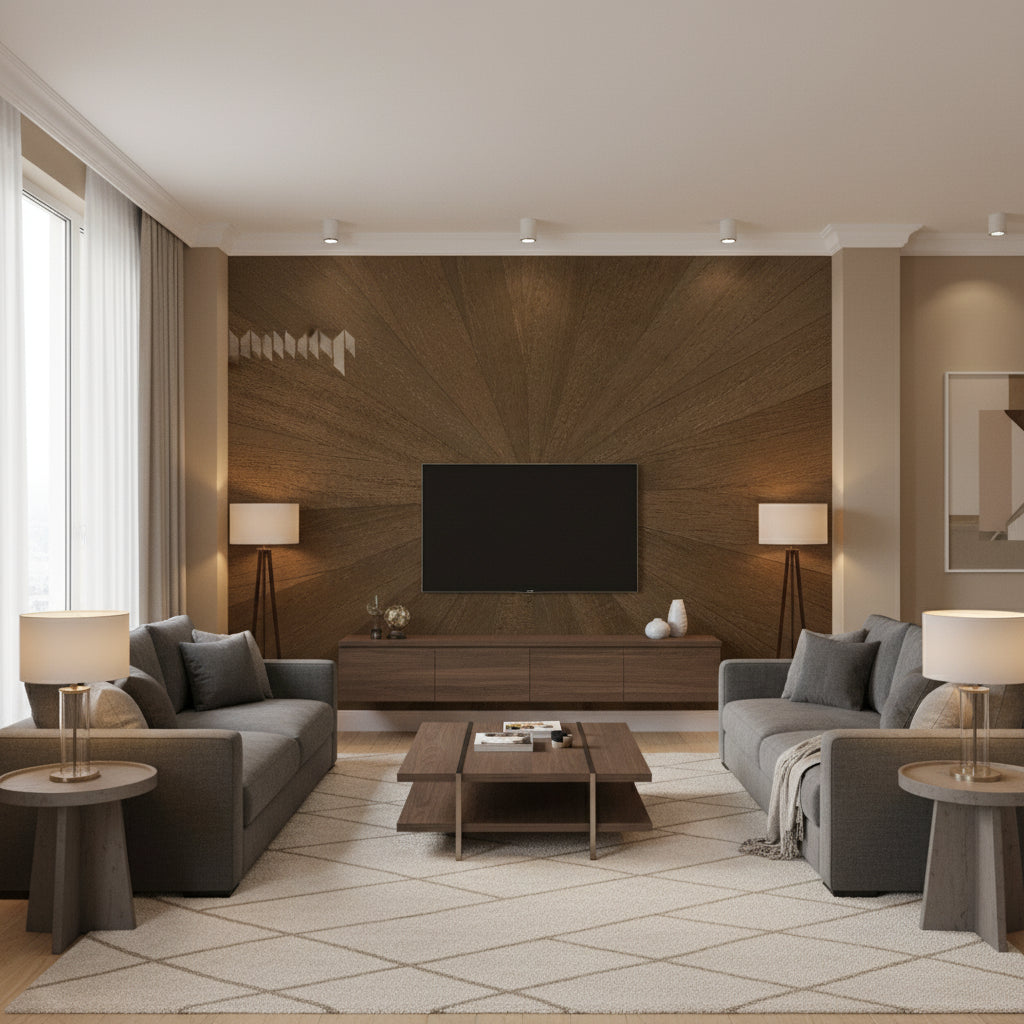 Ajiro Sunburst Cacao | Maya Romanoff - Living Room Visualization (AI-generated, may not be to scale. Verify pattern scale with product specifications.)