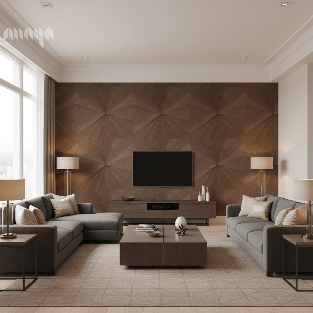 Ajiro Sunburst Cacao Luster | Maya Romanoff - Living Room Visualization (AI-generated, may not be to scale. Verify pattern scale with product specifications.)