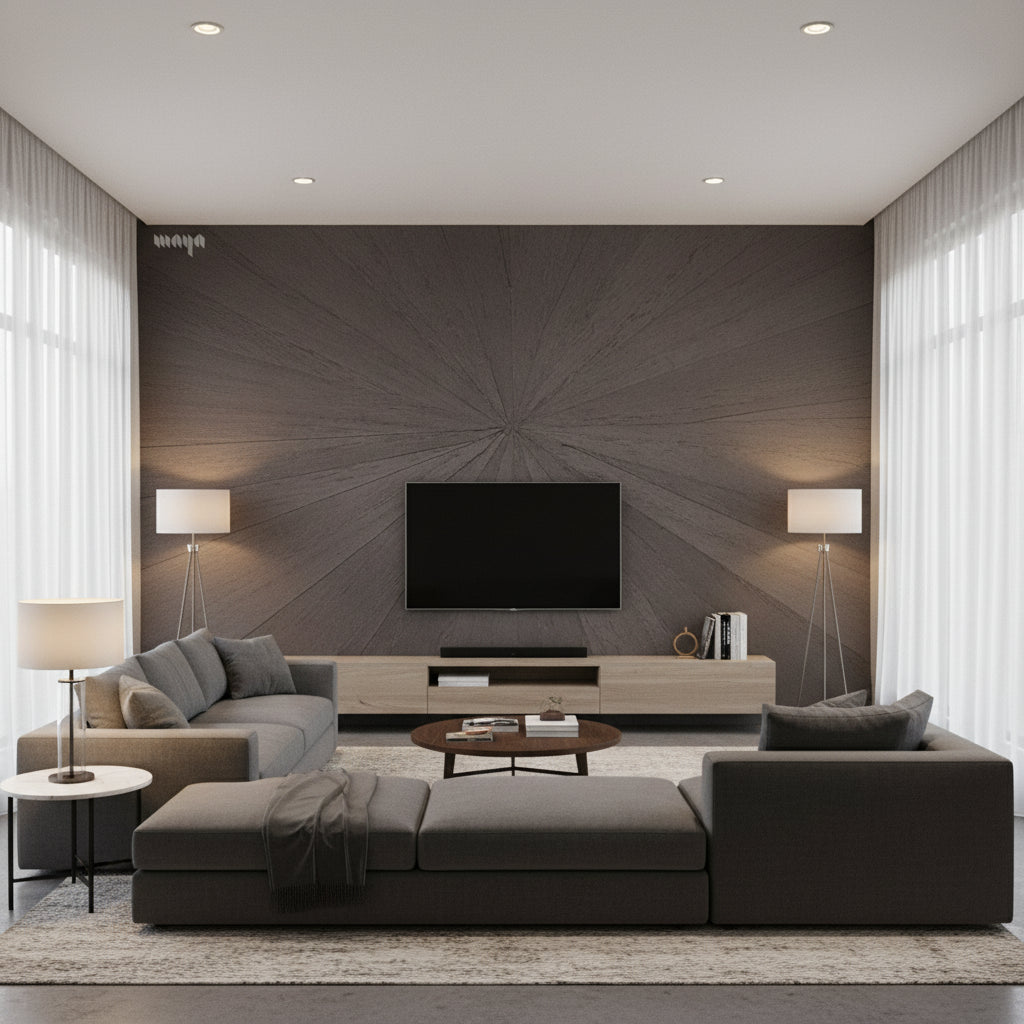 Ajiro Sunburst Ash | Maya Romanoff - Living Room Visualization (AI-generated, may not be to scale. Verify pattern scale with product specifications.)