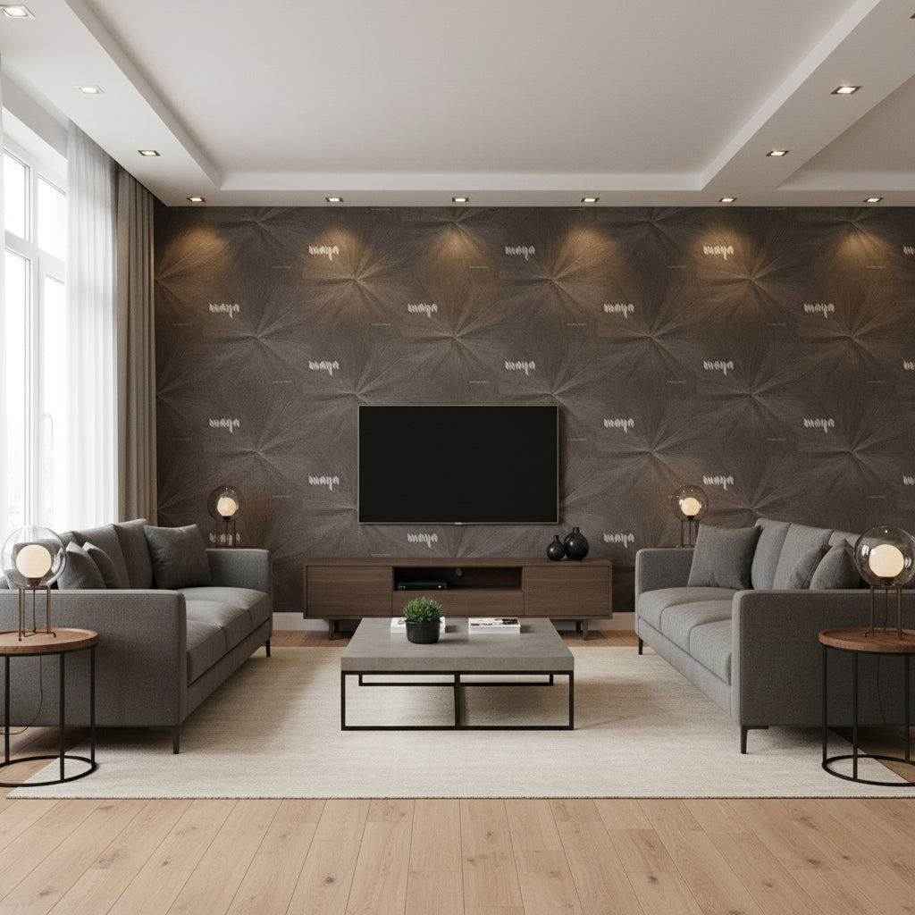 Ajiro Sunburst Ash Luster | Maya Romanoff - Living Room Visualization (AI-generated, may not be to scale. Verify pattern scale with product specifications.)