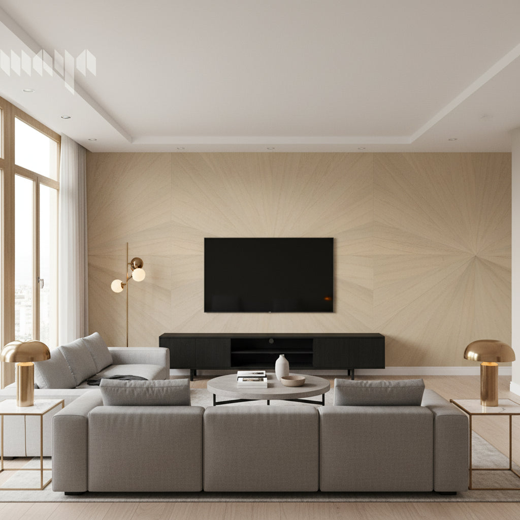Ajiro Sunburst Bamboo | Maya Romanoff - Living Room Visualization (AI-generated, may not be to scale. Verify pattern scale with product specifications.)