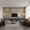 Ajiro Sunburst Polished Silver Birch Luster | Maya Romanoff - Living Room Visualization (AI-generated, may not be to scale. Verify pattern scale with product specifications.)