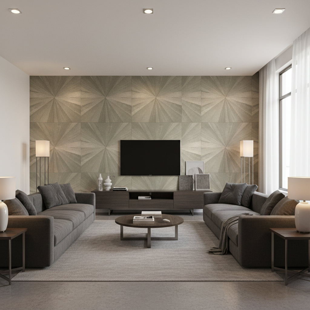 Ajiro Sunburst Polished Silver Birch Luster | Maya Romanoff - Living Room Visualization (AI-generated, may not be to scale. Verify pattern scale with product specifications.)