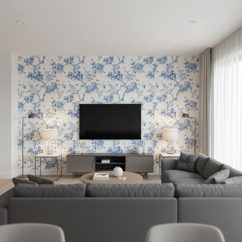 Ashfield Floral Delft |    Ralph Lauren - Living Room Visualization (AI-generated, may not be to scale. Verify pattern scale with product specifications.)