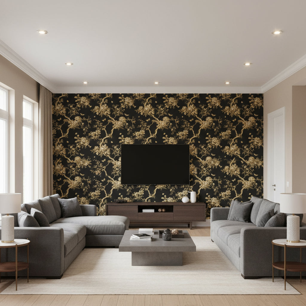 Ashfield Floral Tobacco |    Ralph Lauren - Living Room Visualization (AI-generated, may not be to scale. Verify pattern scale with product specifications.)