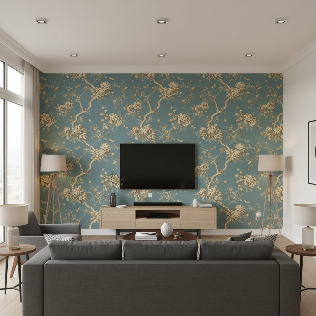 Ashfield Floral Tourmaline |    Ralph Lauren - Living Room Visualization (AI-generated, may not be to scale. Verify pattern scale with product specifications.)