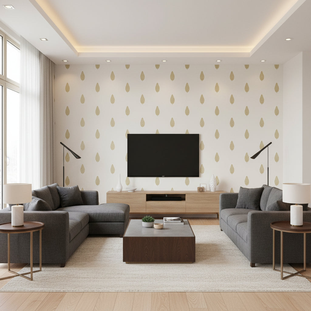 MANOR Wallcoverings (AT79183) – Gold | Thibaut - Living Room Visualization (AI-generated, may not be to scale. Verify pattern scale with product specifications.)