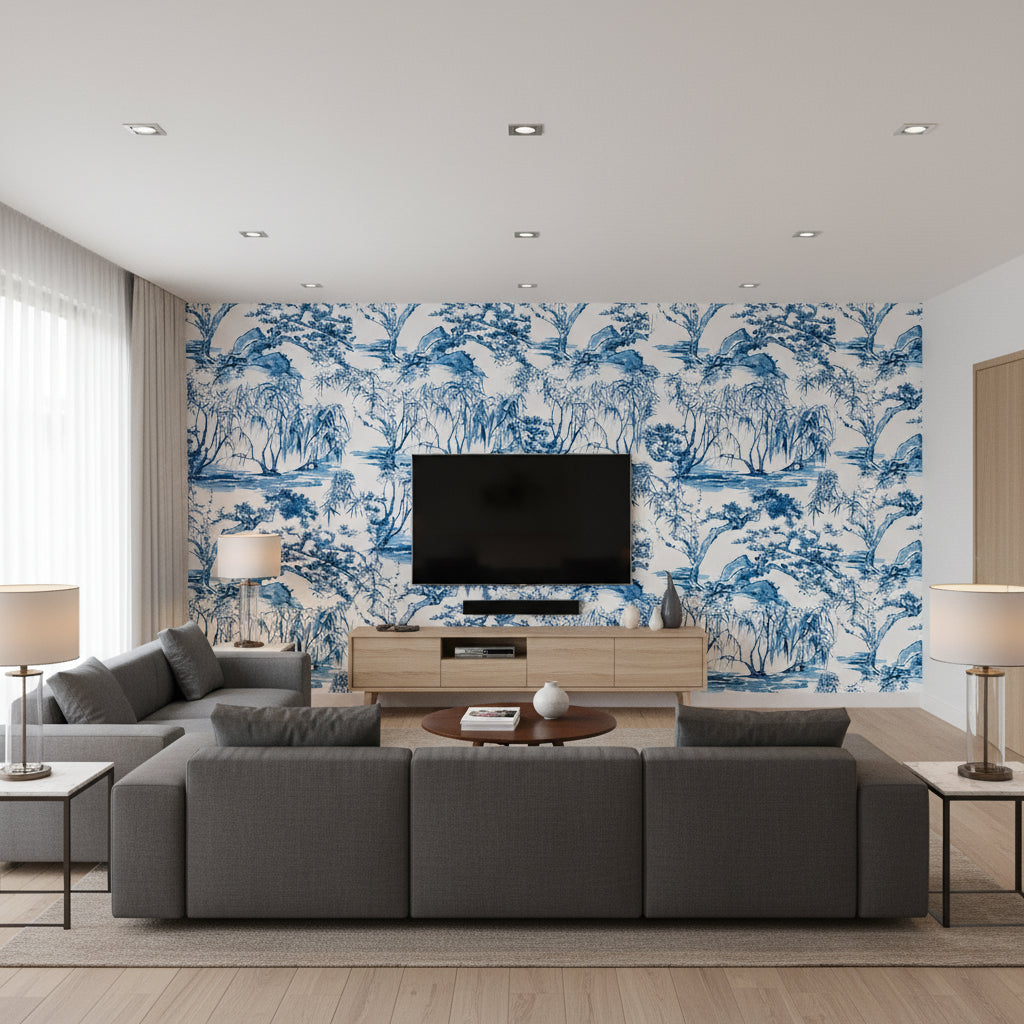 AT9826 | Thibaut - Living Room Visualization (AI-generated, may not be to scale. Verify pattern scale with product specifications.)