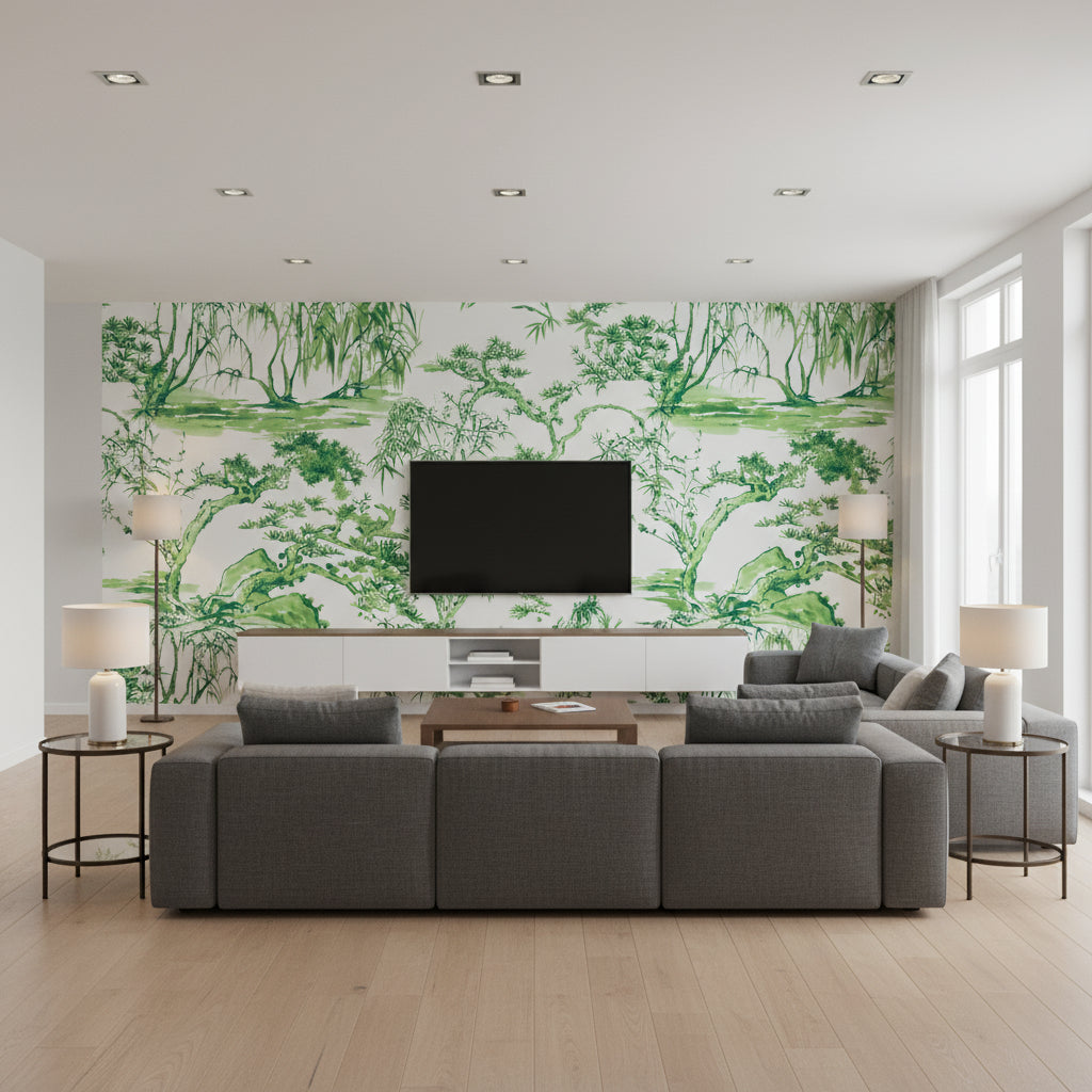 AT9828 | Thibaut - Living Room Visualization (AI-generated, may not be to scale. Verify pattern scale with product specifications.)
