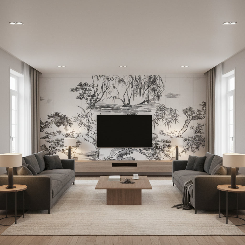 AT9829 | Thibaut - Living Room Visualization (AI-generated, may not be to scale. Verify pattern scale with product specifications.)