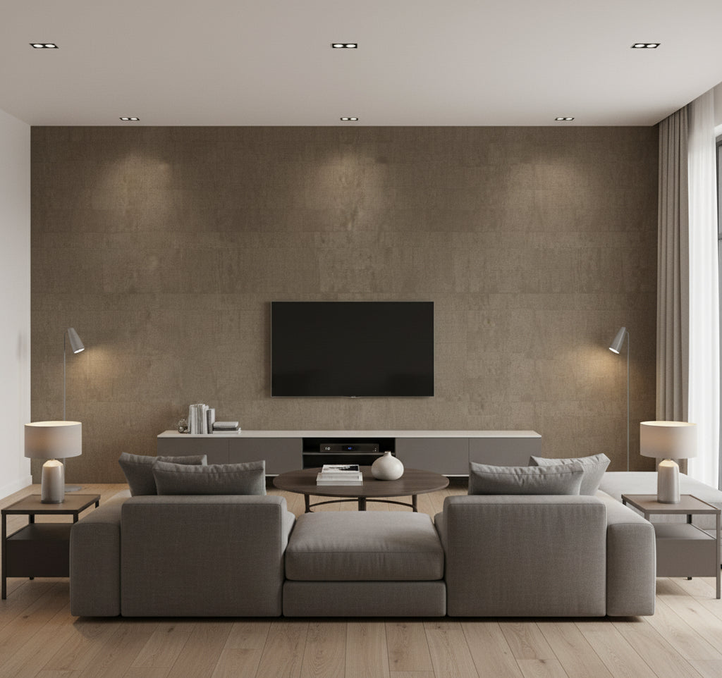 Atelier D'artiste Emprunté À La Terre | Elitis - Living Room Visualization (AI-generated, may not be to scale. Verify pattern scale with product specifications.)