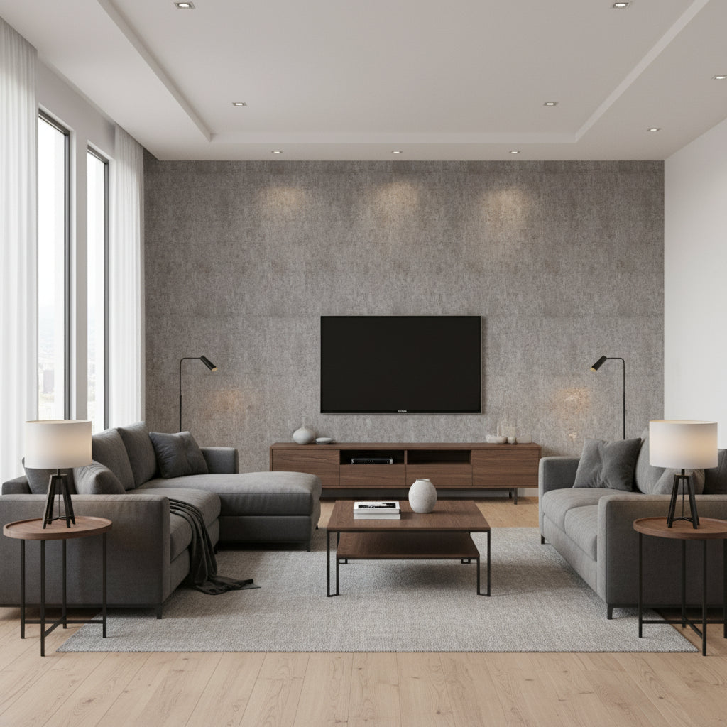 Aura Cork Gold | Architectural Wallcoverings - Living Room Visualization (AI-generated, may not be to scale. Verify pattern scale with product specifications.)