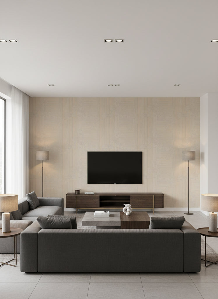 Ajiro Vineyard Driftwood | Maya Romanoff - Living Room Visualization (AI-generated, may not be to scale. Verify pattern scale with product specifications.)