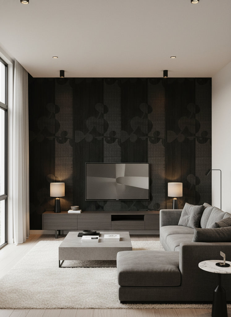 Ajiro Vineyard Ebony Luster | Maya Romanoff - Living Room Visualization (AI-generated, may not be to scale. Verify pattern scale with product specifications.)