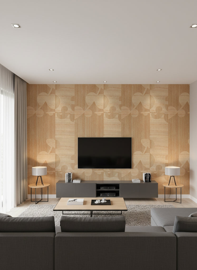 Ajiro Vineyard Maple | Maya Romanoff - Living Room Visualization (AI-generated, may not be to scale. Verify pattern scale with product specifications.)