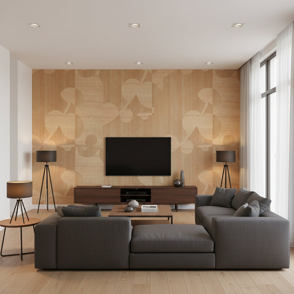 Ajiro Vineyard Polished Maple | Maya Romanoff - Living Room Visualization (AI-generated, may not be to scale. Verify pattern scale with product specifications.)