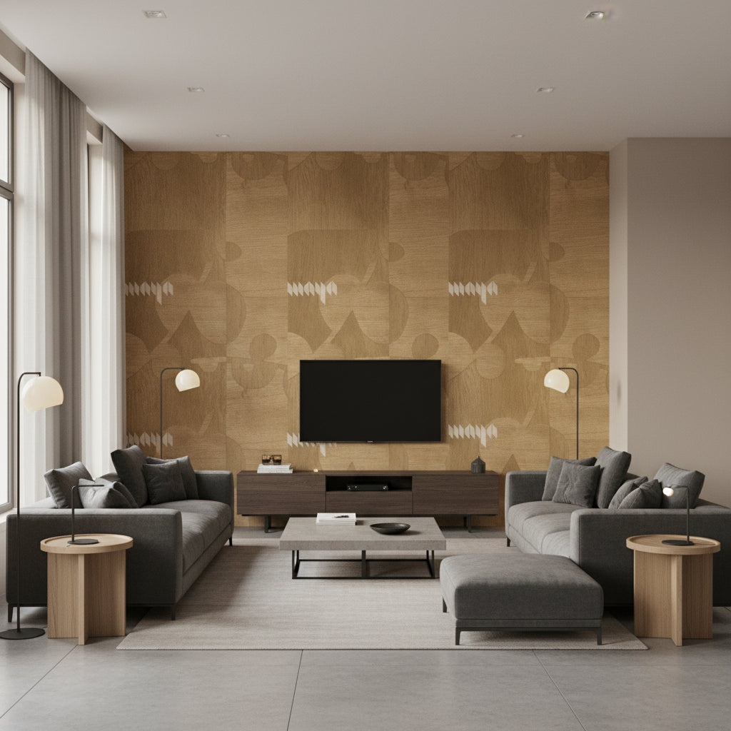 Ajiro Vineyard Oak Luster | Maya Romanoff - Living Room Visualization (AI-generated, may not be to scale. Verify pattern scale with product specifications.)
