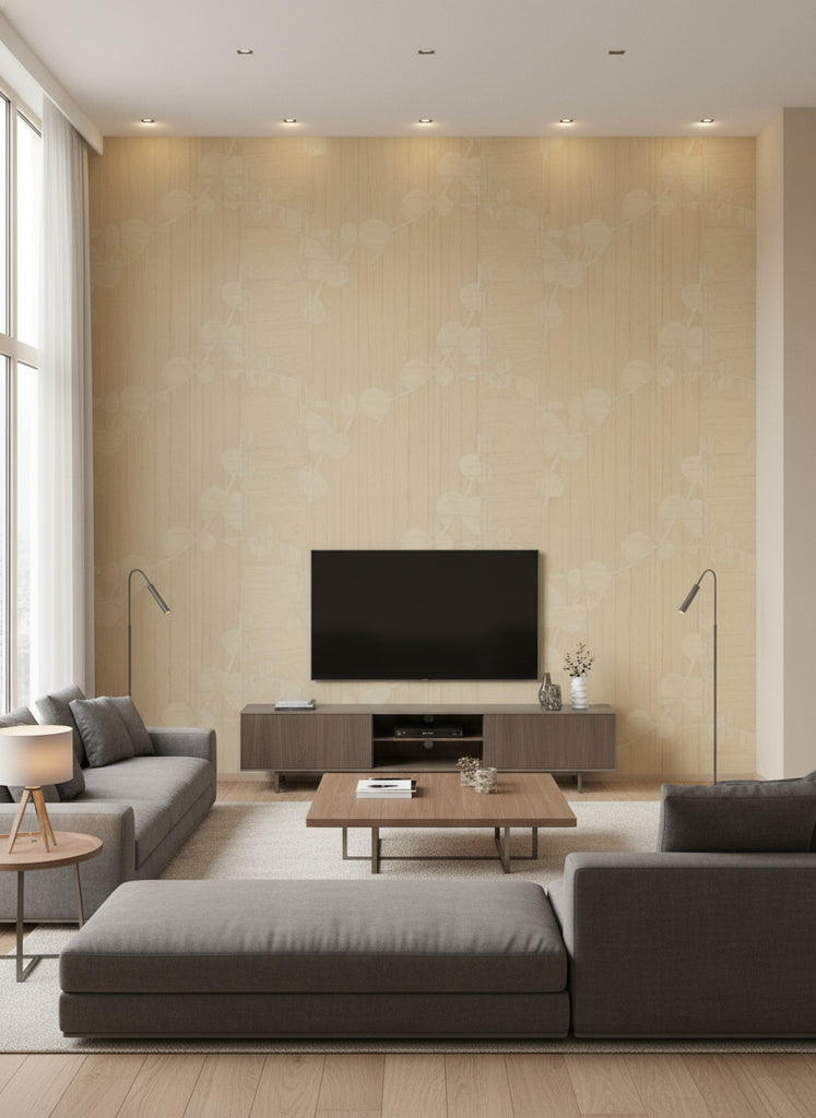 Ajiro Vineyard Teak | Maya Romanoff - Living Room Visualization (AI-generated, may not be to scale. Verify pattern scale with product specifications.)