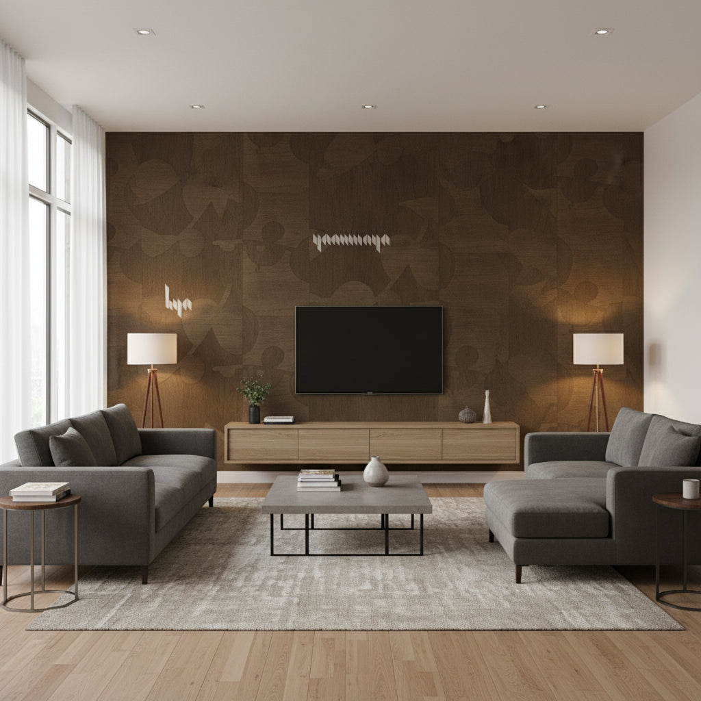 Ajiro Vineyard Cacao Luster | Maya Romanoff - Living Room Visualization (AI-generated, may not be to scale. Verify pattern scale with product specifications.)