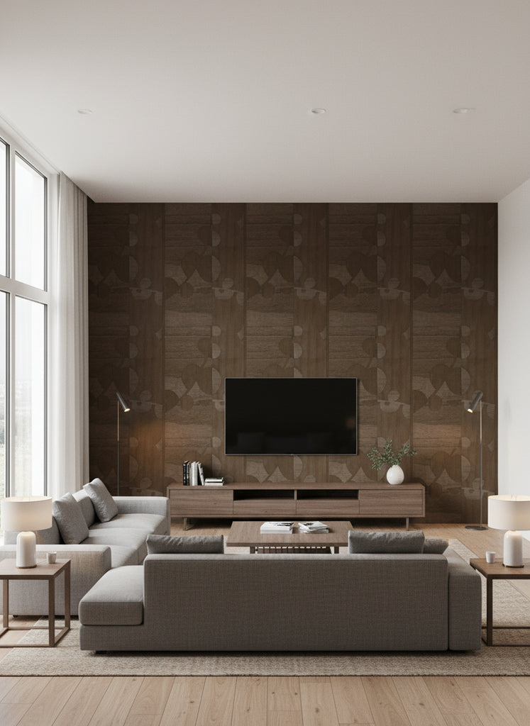 Ajiro Vineyard Cacao | Maya Romanoff - Living Room Visualization (AI-generated, may not be to scale. Verify pattern scale with product specifications.)